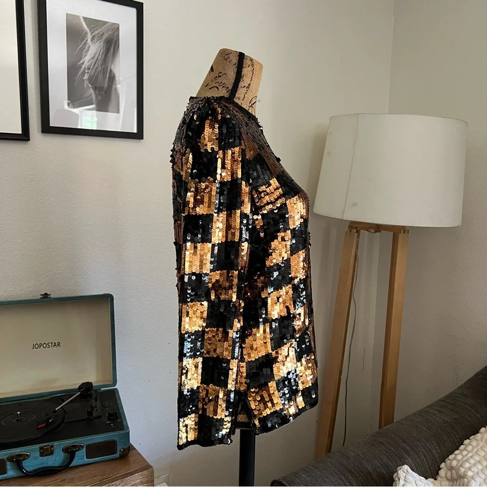 Argenti Vintage Black & Copper Sequins Checkered Silk Blouse Size S - Picture 4 of 14